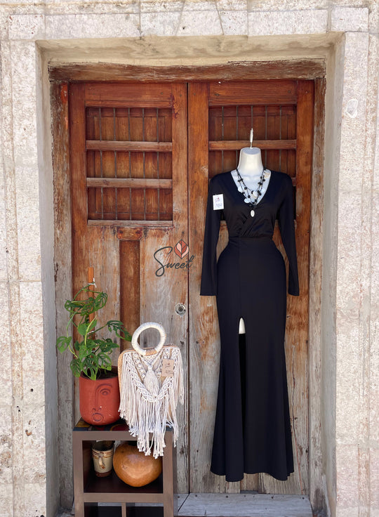 Vestido maxilargo negro spandex elegante
